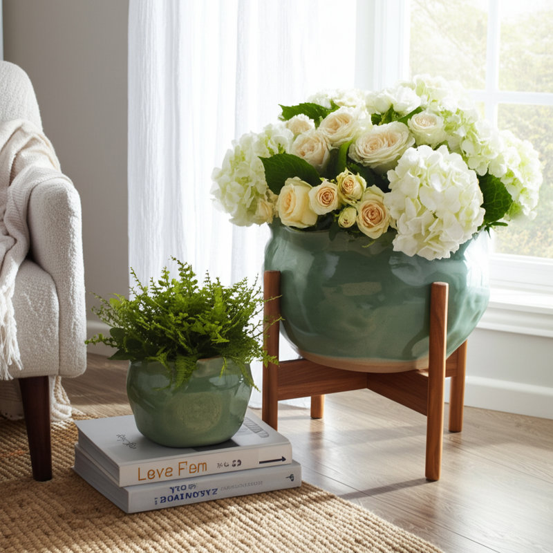 Ensemble de 2 pots décoratifs en grès cérame, Vert
