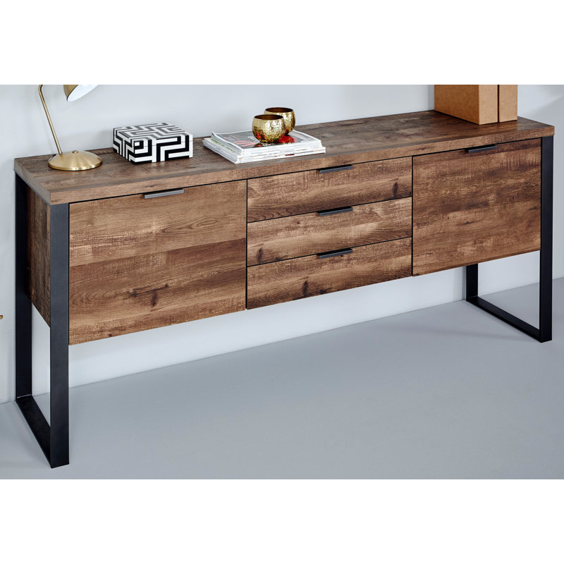 Draylen 70,87" Metal Frame Sideboard with 3 Drawers and 2 Doors, Vintage Oak