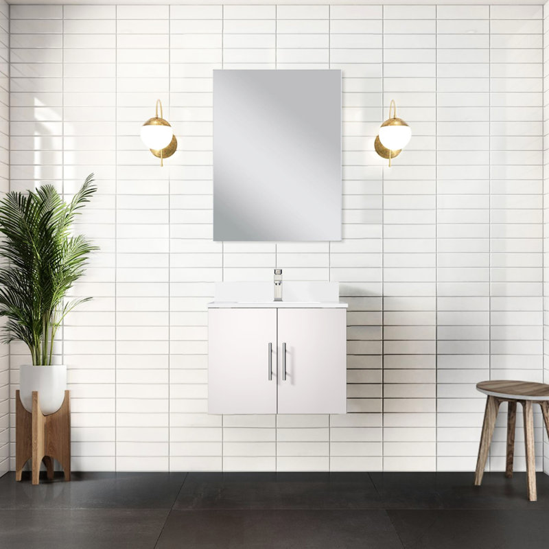 Meuble-lavabo blanc lustré 61 cm (L) x 56 cm (P) avec comptoir en quartz, miroir et robinet - Résistant aux égratignures et aux taches