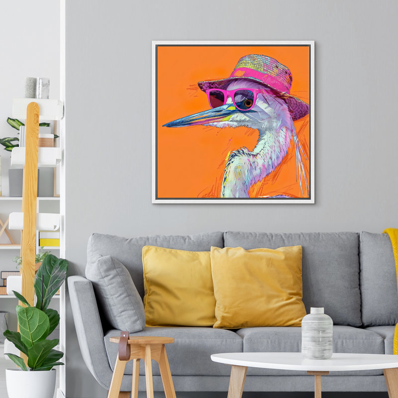 «Bright BCBG» vif orange héron avec chapeau et lunettes de soleil, Cadre blanc, H 24 po x l 24 po