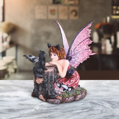 Jibraan 6"H Pink Fairy with Black Cat Figurine Unique Gifts