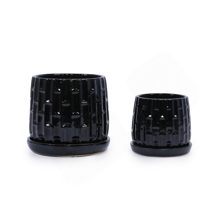 Handmade Ceramic Flower Pot With Groove Pattern, 6 & 8 Inch Diameter, Black Color For Orchids, Indoor/Outdoor Use On Windowsill & Bookshelf, Breathable Clay With Saucer