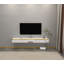 Meuble télé blanc flottant pour téléviseur de 55 po, tablette murale en bois avec rangement pour porte et décor doré