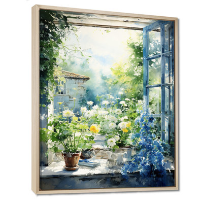 Green and blue countryside window Charm II - Farm Windows Canvas Wall Art