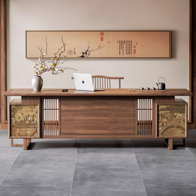 Bureau double 70,87 "en bois massif brun de style chinois