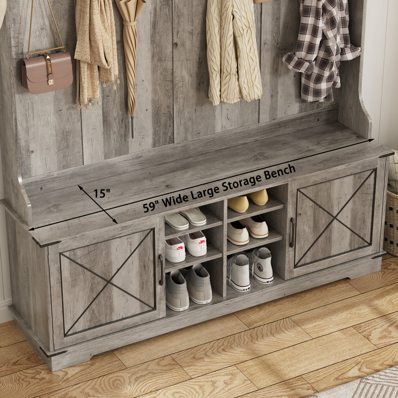 Jaxsin Farmhouse Hall Tree 59" Wide with Bench and Shoe Storage,5-in-1 Design Coat Rack for Entryway, Gray