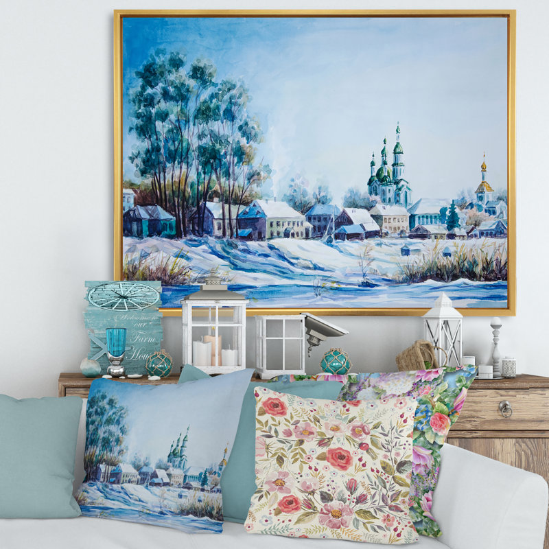 Petite ville en hiver - Cadre flottant, reproduction d'art sur toile, Encadrement doré, H 16 po x l 32 po x p 1 po
