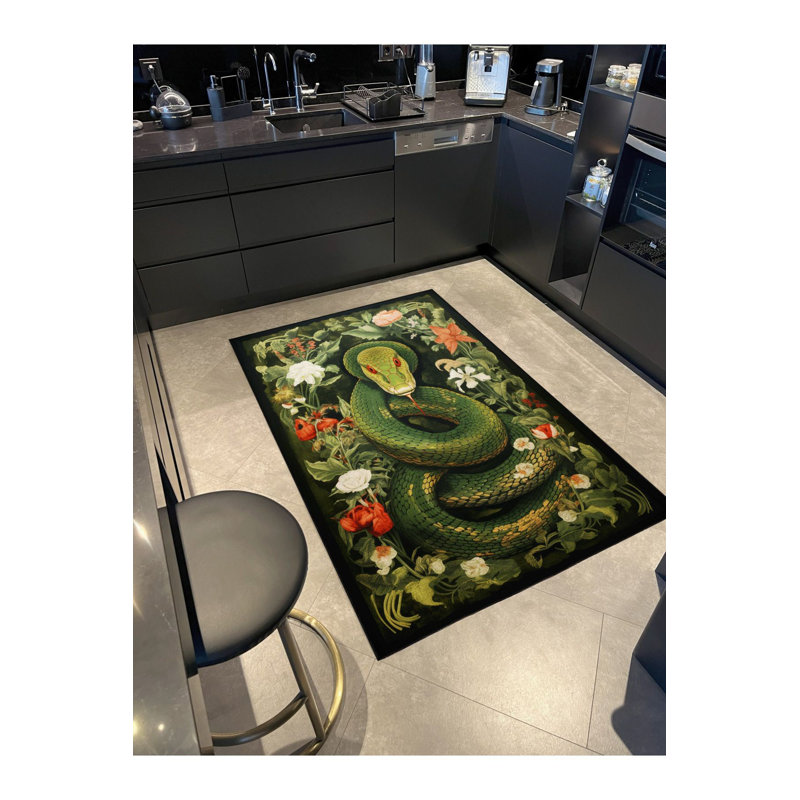 Washable Dido Collection Green Flower Snake Patterned Creative Modern Decorative Area Rug