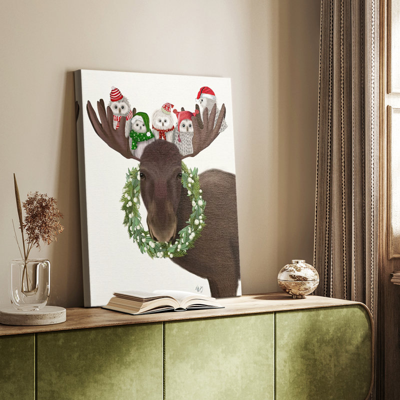 Christmas Moose and Christmas Owls -Custom Wrapped Gallery Cavas, 12" H x 8" W