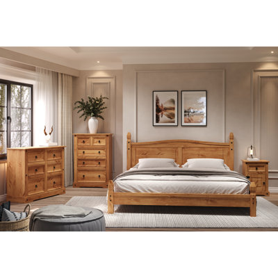 Ensemble de chambre à coucher 4 pièces Enye, une table de chevet, un lit, une grande commode et une large commode de style campagnard en bois massif