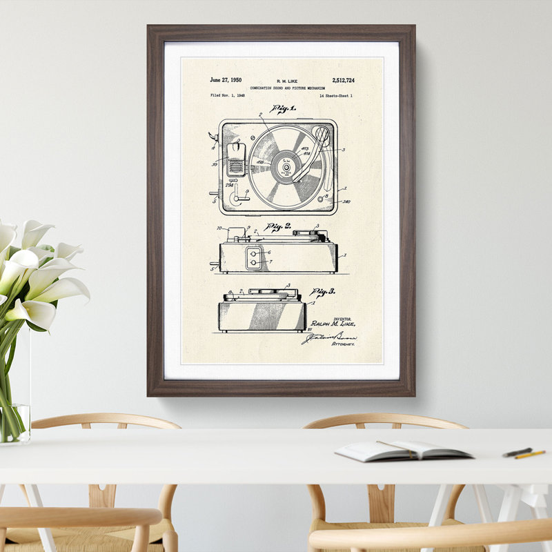 Record Player Patent - Picture Frame Graphic Art, 65cm H x 48cm W x 2cm D, Walnut Framed