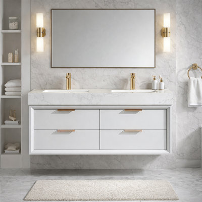  Ensemble de meuble-lavabo double 48 po avec plateau en pierre reconstituée et lumière DEL Dunistanburgh