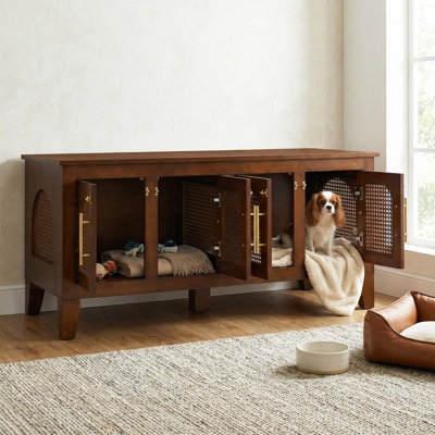 Armoire intérieure 2 en 1 en rotin pour chien avec cage pour chien en bois d'hévéa massif 4 portes avec rangement pour petits et moyens chiens