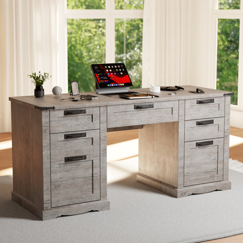 Bureau de direction 60 po avec tiroirs, bureau à domicile en bois avec station de charge, Chêne rustique pâle