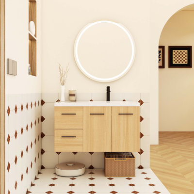 Meuble-lavabo flottant mural 36 po en chêne clair avec lavabo, armoire modulaire à 2 portes et 2 tiroirs, plateau de lavabo avec revêtement en gel, livré dans 3 boîtes
