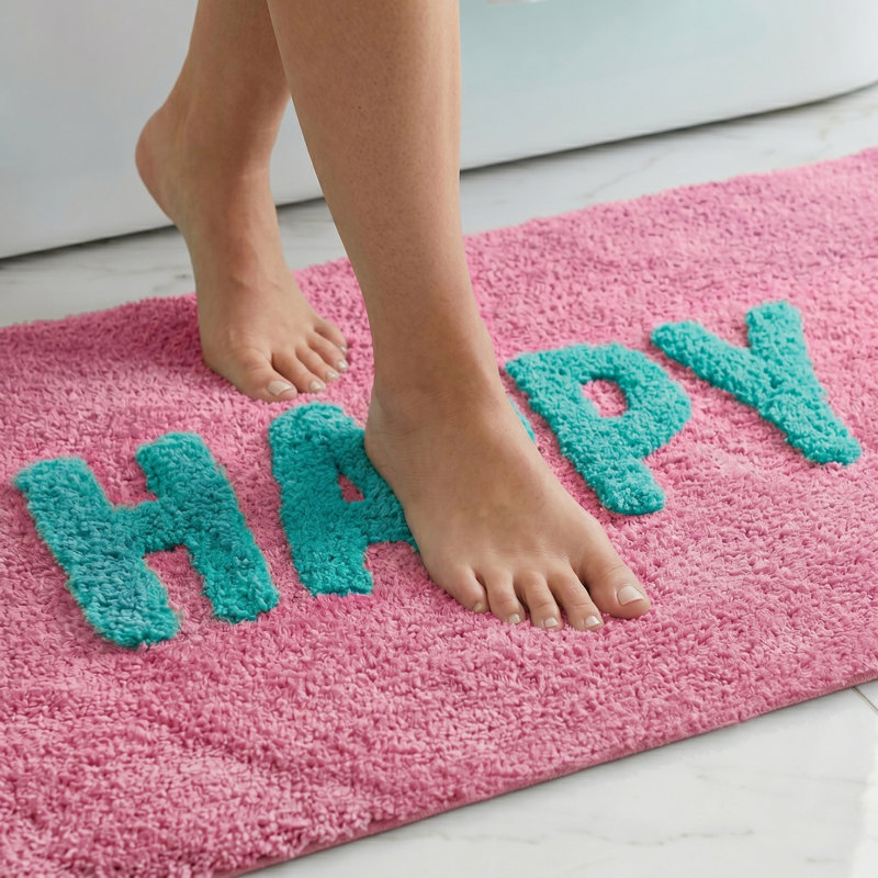 Happy Slogan Rectangle Bath Mat, Pink