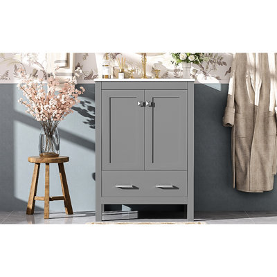 Meuble-lavabo gris 24 po avec lavabo sous-comptoir rectangulaire, tiroir séparateur et poignées argentées simples de 24 po pour une apparence élégante