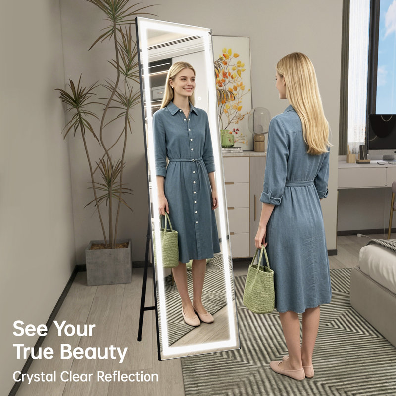 60"x16" LED Full Length Mirror with Lights, Black Frame, Shatterproof Tempered Glass, Dimming & Memory Function, Full Body Floor Standing Mirror for Bedroom, Living Room, Dressing Room