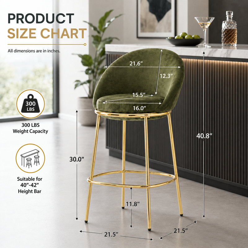 Tabouret de bar 40,8 po de style moderne vert olive avec pieds dorés polis - ensemble de 2