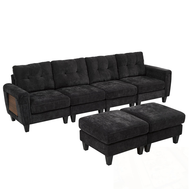 U-Shaped Upholstered Sofa With Two Movable Ottomans, USB Ports And Side Tables, Black Chenille