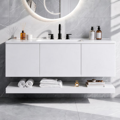 Armoire de salle de bain murale 48 po, meuble-lavabo flottant en panneau de fibres à densité moyenne avec 3 tiroirs et tablette inférieure ouverte, meuble-lavabo peint en blanc avec design sans poignée, comptoir de lavabo en composite