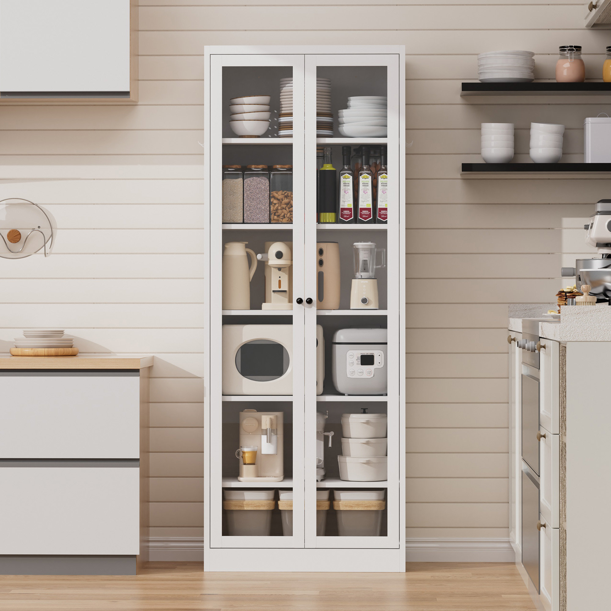 Ebern Designs 72''H Metal Pantry Display Cabinet with Reinforced Glass ...