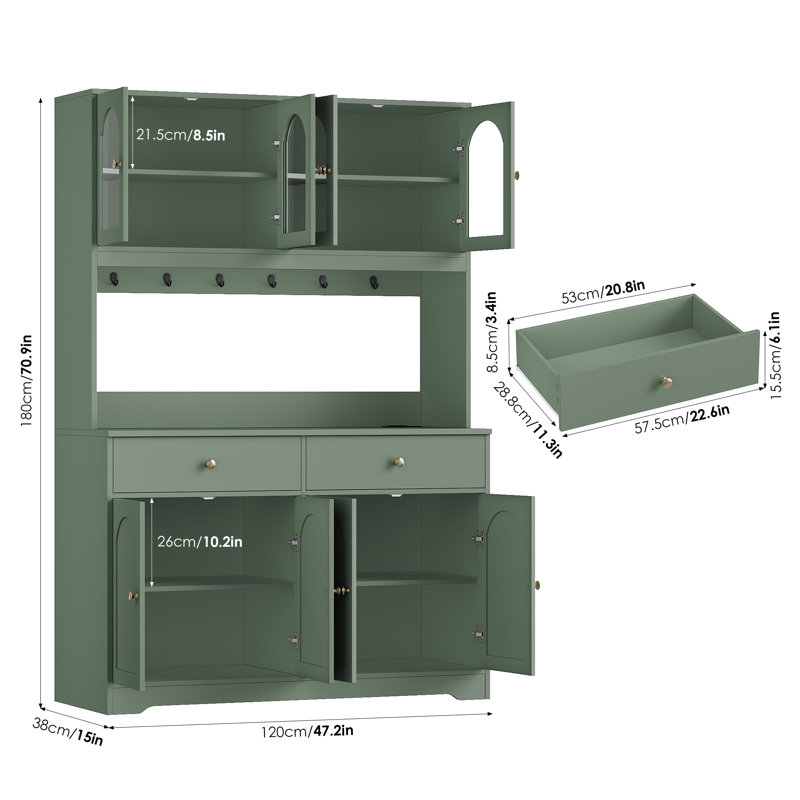 Garde-manger moderne 71 "avec prise de courant, 4 armoires, 2 tiroirs et 6 crochets, Green