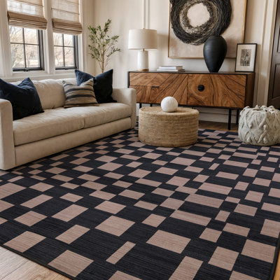 Tapis à carreaux gris ardoise, lavable à la machine, en polyester avec envers antidérapant