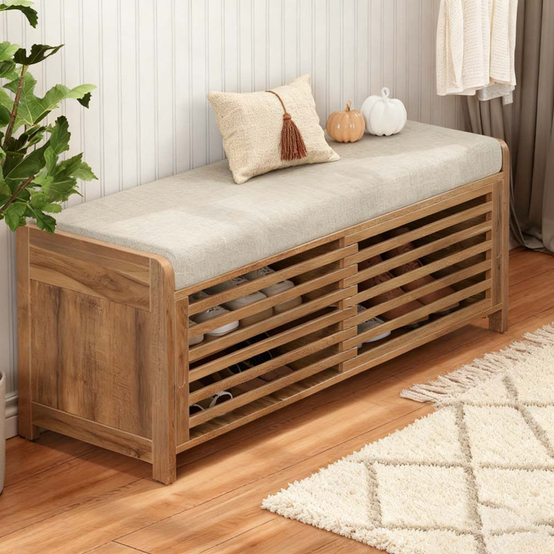 Banc à chaussures avec rangement et coussin, banc de rangement à volets vieillis avec charme rétro, Brun