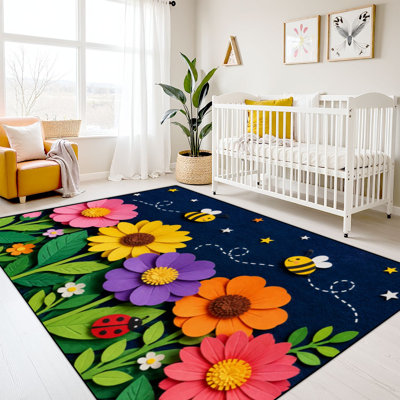 10 x 14 enfants apprenant tapis tapis lavables pour la classe, coloré papier fleurs coccinelle abeilles foncé retour à l'école tapis d'apprentissage pour la maternelle préscolaire à envers en caoutchouc souple antidérapant
