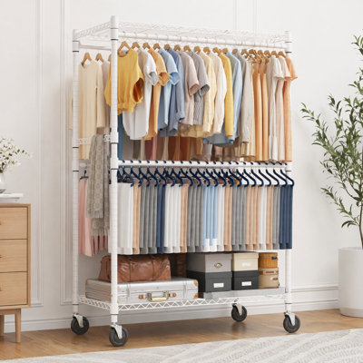 Portant à vêtements robuste à roulettes, portemanteau réglable pour suspendre les vêtements, portemanteau portatif avec 4 tringles de suspension, 2 tablettes de rangement