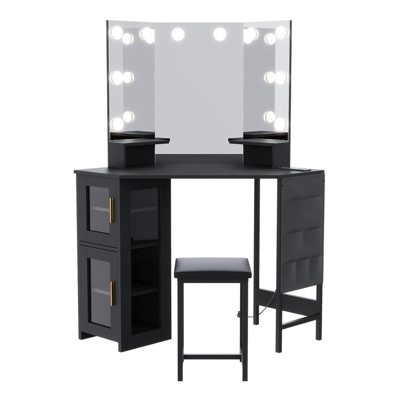Bureau de coin avec tabouret, coiffeuse de maquillage avec miroir à ampoules, station de charge et armoire de rangement pour la chambre à coucher