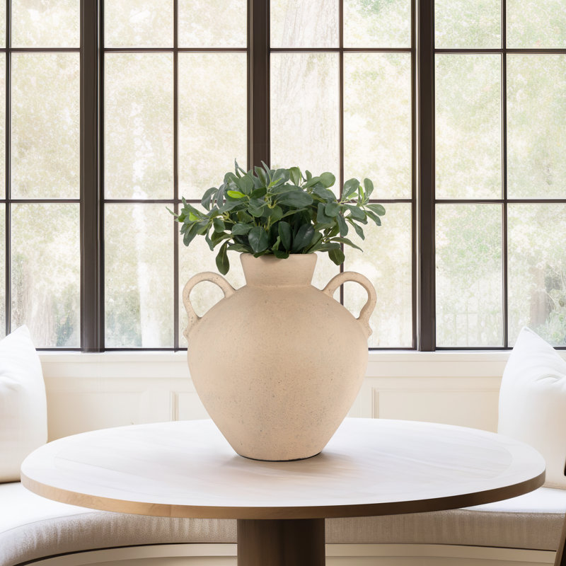 Handcrafted Terracotta Pottery Vase with Double Handles - Timeless Decorative Accent for Any Space, Textured Ivory/Beige