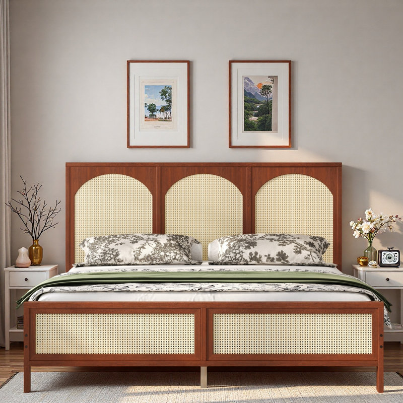 Wood Platform Bed With Rattan Headboard, Walnut, King