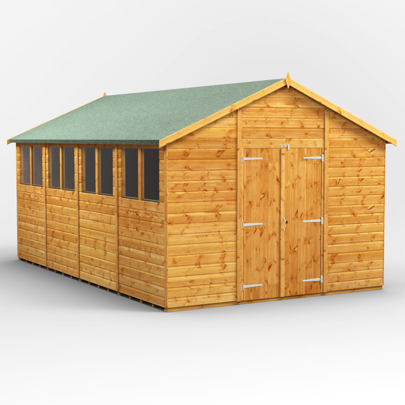 Powersheds 16 x 10ft Timber Tongue & Groove Apex Garden Shed, Double Doors