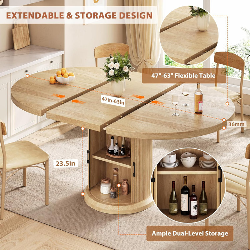 Table de salle à manger pour table de salle à manger ronde extensible de 4 à 6,63 po avec étagère de rangement à 2 niveaux, meuble-lavabo rond ovale en bois avec base à piédestal ()