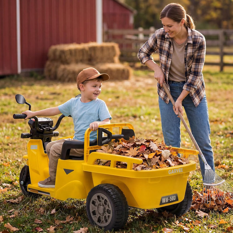 Kids Electric Ride-On Tricycle with Cargo Trailer & Shovel, 12V 3-Wheel Toy Tractor with Bluetooth Music, LED Lights, 30KG Capacity for Ages 3+