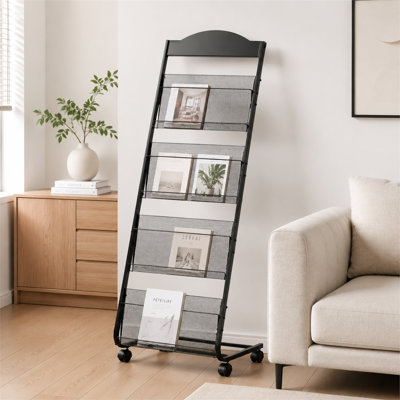 Four-Tier Movable Black Brochure Display Rack with Wheels - Thickened Metal, Standing Magazine and Document Rack for Exhibitions and Offices