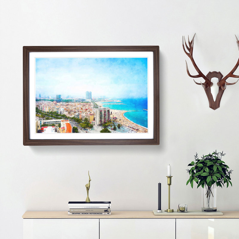 The Barcelona Skyline in Spain - Picture Frame Painting Print, 33cm H x 45cm W x 2cm D, Walnut Framed