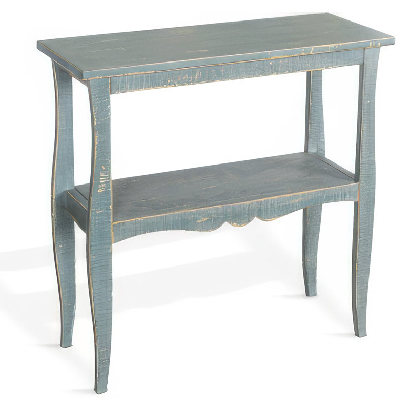 Distressed Seagrass Green Mahogany Scalloped Trim End Table
