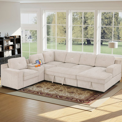 Burwell Oversized U-Shaped Sectional Sofa Bed Pull Out Sleeper Couch With Storage Chaise, Storage Armrest, 2 Cup holders and USB by Latitude Run