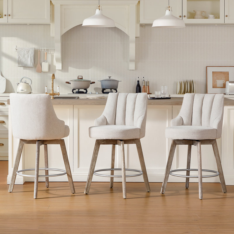 Counter Height Bar Stools,Swivel Bar Stools with Backs,Barstools Set of 3,26'' Solid Wood Legs,Thick Seat Upholstered Linen Fabric Counter Height Stools in Beige