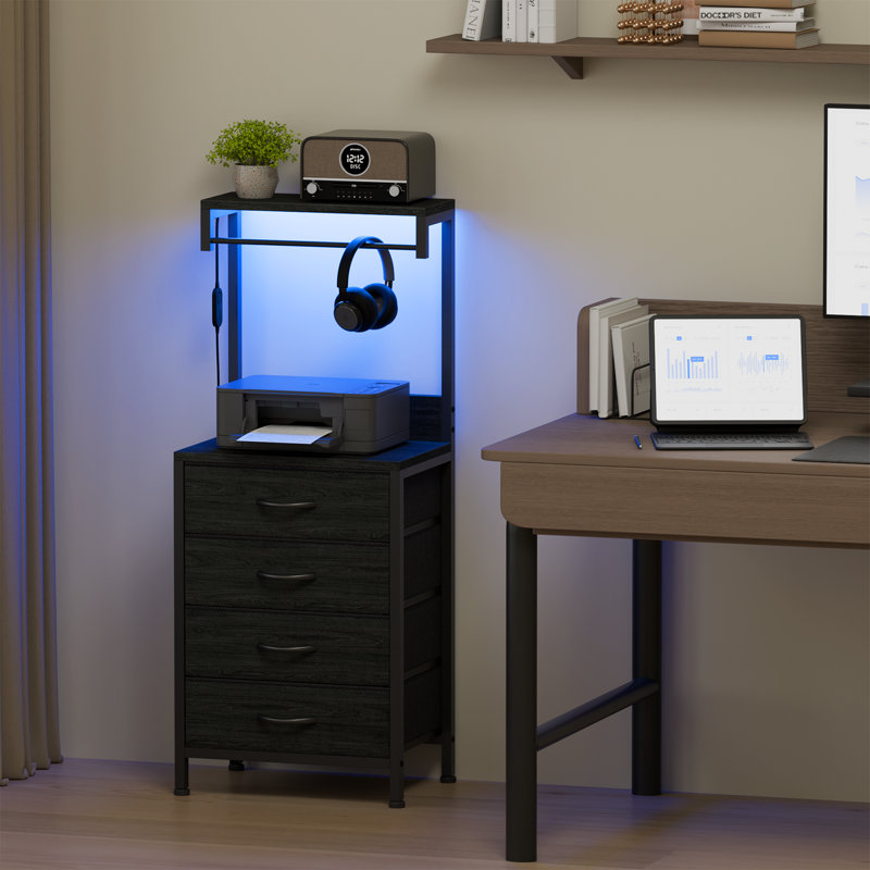 Nightstands with 4 Drawers & Outlets, Bedside Tables with 2 USB Ports & 2-Tier Open Shelf, Black Oak