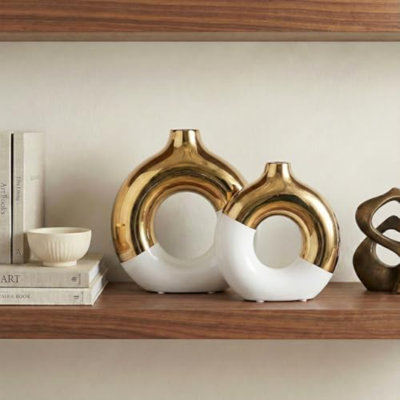 White And Gold Vase Decor Donut Vase Set Of 2 - Circle Hollow Vases, Modern Matte Ceramic Vases For Entryway Living Room Bedroom Dining Table Centerpiece Office Home Décor