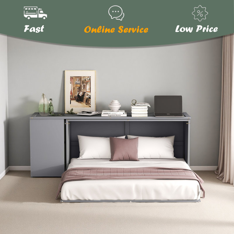 Grand lit escamotable avec bureau rotatif, Gris
