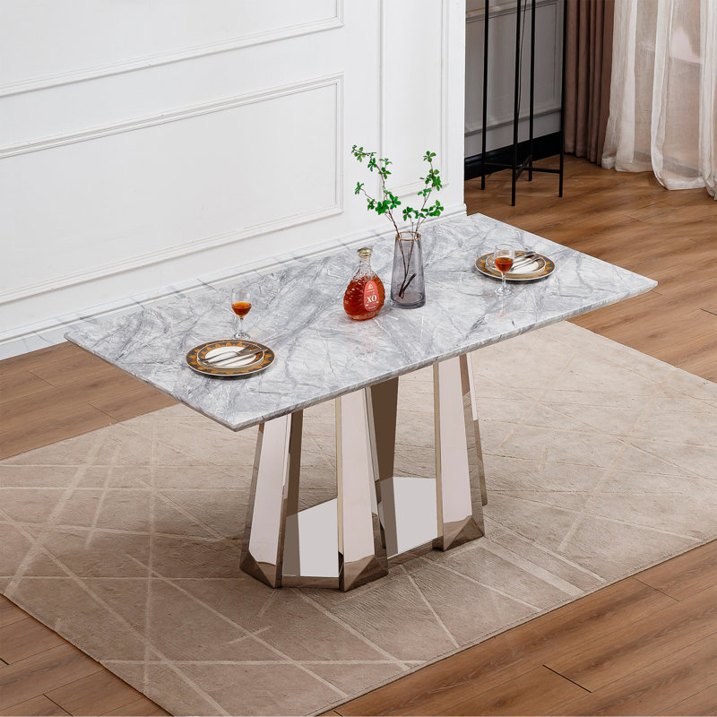 Table de salle à manger en marbre pour 6 personnes, table de salle à manger rectangulaire en faux marbre 70 po avec base en acier inoxydable à finition miroir, table de cuisine moderne en marbre de grande taille (argent, gris) (table unique)
