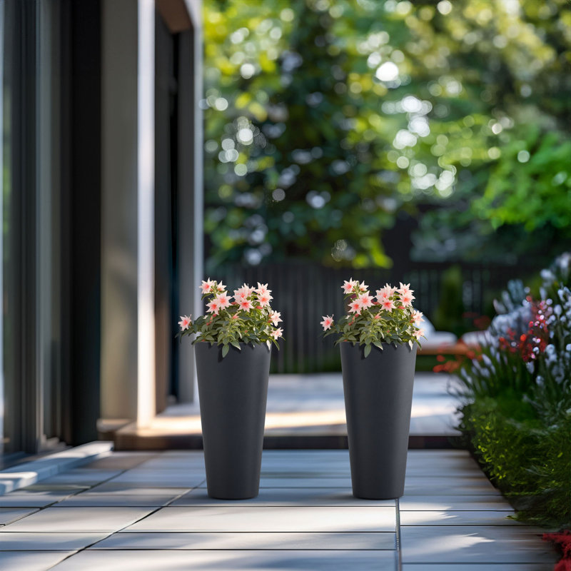 8 In. Medium Concrete Round Planter / Pot With Drainage Holes Set Of 2, Granite Gray