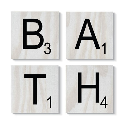 " Bath Scrabble Letters Bathroom Wood Texture Design " 4 Piece Art Textual Art Print