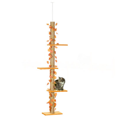 Pawhut Floor To Ceiling Cat Tree, 80" - 95" Adjustable Tall Cat Tower, 3-Level Cat Climbing Towe  For Indoor Cats With Sisal Scratching Post, Platforms, Leaves, Orange