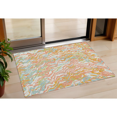 3' X 5' Coral Green And Copper Abstract Washable Indoor Outdoor Area Rug